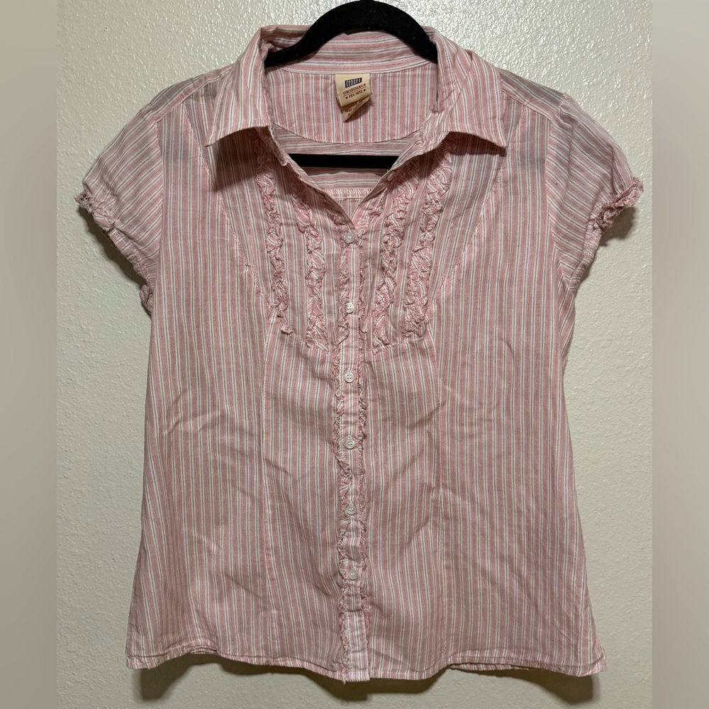 Faded Glory Pink Striped Button Up Blouse Ruffle Top | Cottagecore Casual Shirt - Picture 2 of 4
